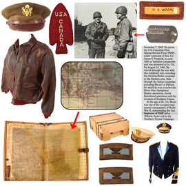 Original U.S. WWII First Special Service Force FSSF 2nd Regiment Commander A2 Jacket, Officer’s Visor Caps & Captured German Map Set of Lieutenant Colonel Robert Simeon Moore - 2nd Battalion, 2nd FSSF Regiment Commander