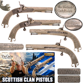 Original 1830s Scottish Highland Clan MacFarlane Silver & Steel Engraved Pair of Percussion Pistols by Richardson of Edinburgh with Loch Slòigh Battle Cry - As Seen on The Cache with Alex Cranmer