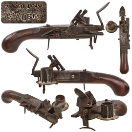 Original American 18th Century Iron Flintlock Tinder Lighter Marked WOOLLEY / SALEM with Candlestick and Stand