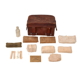 Original German WWII-Era D.R.K.-Type Brown Leather Medical First Aid Pouch with Assorted Medical Supplies