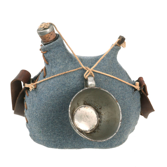 Original French WWI Model 1877 Canteen With Cover in Horizon Blue with Shoulder Strap and Tinned Cup - Bidon Original Items