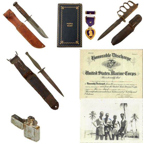 Original U.S. WWII Marine Raider Sergeant Frank Thomsen Battle of Okinawa Collection - Fighting Knives, Stiletto, Purple Heart, Honorable Discharge and More Original Items