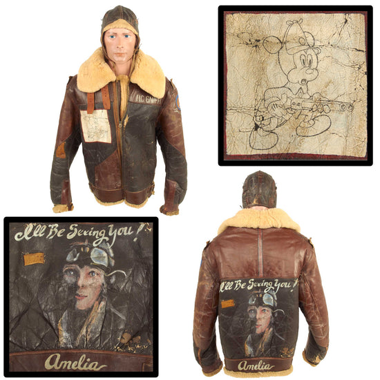 Original U.S. WWII 306th Bombardment Group Painted Army Air Forces B-3 Sheepskin Bomber Jacket Featuring Disney’s Mickey Mouse With Flight Cap and Gloves Set Original Items
