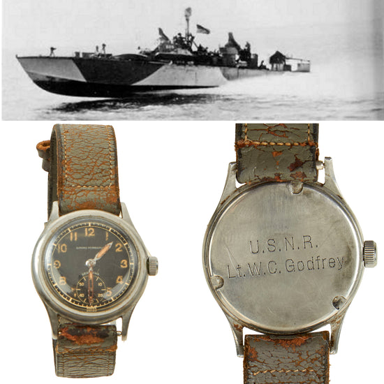 Original U.S. WWII D-Day Motor Torpedo Boat PT-505 Commander Lieutenant William C. Godfrey Name Engraved Girard Perregaux Seahawk Wrist Watch Original Items