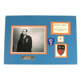 Original U.S. WWII Poster Board Display of Brigadier General LaVerne G. Saunders With Signed Image, Rank Insignia and Bullion Embroidered Sleeve Insignia - Ranking Officer In The First B-29 Raid on Japan