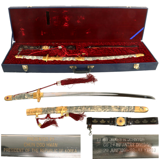 Original Cased Ceremonial Sword Presented by South Korean President Chun Doo-hwan to Maj. Gen. James H. Johnson, Commander 2nd ID circa 1983 Original Items