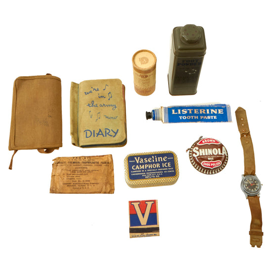 Original U.S. WWII US Army Personal Effects Lot Featuring Misalla Ltd “PX Watch” and Diary For Pvt. Ernest Bassett, US Army Signal Corps - 10 Items Original Items