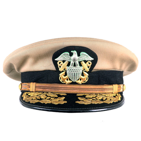 Original U.S. Vietnam War Era Vice Admiral David Richardson Khaki Service Uniform Peaked Visor Cap by Berkshire With Naval History Division Printout - Deputy Commander US Pacific Fleet (1970 - 1972) Original Items