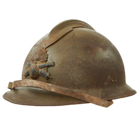 Original French WWII Complete Early Model 1926 Adrian Artillery Helmet with Liner & Chinstrap - Olive Green