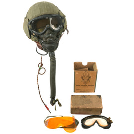 Original U.S. WWII USAAF Bomber Crew M4A2 Flak Helmet With AN-H-15 Flight Helmet, Throat Mic, B-8 Goggles and A-14 Oxygen Mask  - With Original Boxes