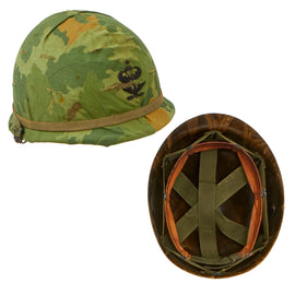 Original U.S. Vietnam War M1 Helmet with Early 1964 Dated Camouflage Cover and Liner - Master Jump Wings and Colonel Insignia Are Vietnamese Direct Embroidered