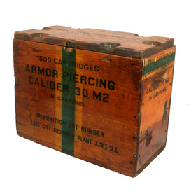 Original U.S. WWII Armor Piercing .30cal Ball M2 1500 Cartridge M1917 Wooden Ammunition Crate