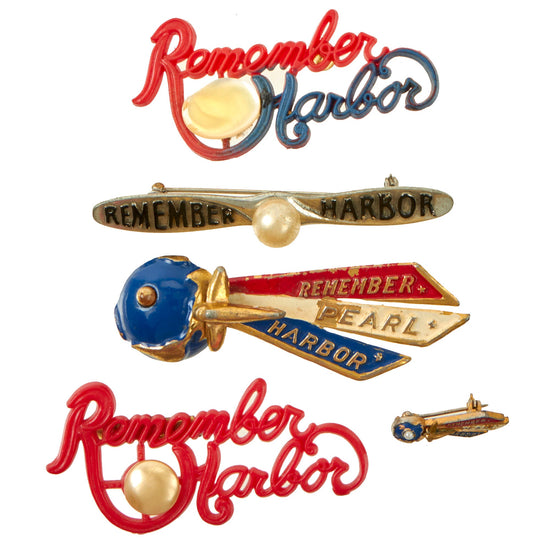 Original U.S. WWII Era “Remember Pearl Harbor” Community Chest Fundraiser and Homefront Pin Lot - 5 Items Original Items