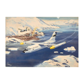 Original U.S. Cold War Andy Whyte Sikorsky Corporation Concept Art Painting of Concept / Prototype Sikorsky V/STOL Vertical Short Takeoff and Landing Tilt-wing Transport Planes on Rescue Mission, ca.1960s - 20 x 30”