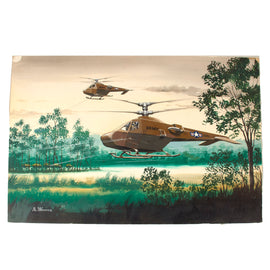 Original U.S. Cold War Andy Whyte Sikorsky Corporation Concept Art Painting of Sikorsky Experimental Aerial Armored Reconnaissance Vehicle, AARV Being Shot at in Vietnam, ca.1960s - 19⅞ x 29⅞”