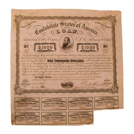 Original U.S. Civil War Confederate States of America $1000 Bond Dated February 1863 - 14 x 14”