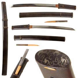 Original 18th Century Edo Period Japanese Handmade Ko-Wakizashi Short Sword with Silver Inlaid Iron Mounted Tanto Style Fittings