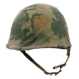 Original U.S. Vietnam War WWII Front Seam M1 Helmet with Original Graffiti On Mitchell Pattern Camouflage Cover “Combat Kelly” and “Night Jump” with Westinghouse Liner