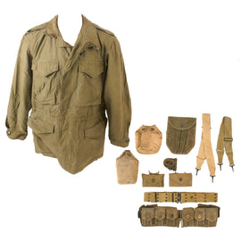 Original U.S. WWII Uniform & Field Gear Lot - M1943 Field Jacket with Pouches, Canteen Cover, Shovel Cover, and Belts - 10 Items Total