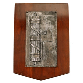 Original Italian Pre-WWII 1929 Aluminum Fasces Wall Plaque by Perani Brescia Foundry on Wooden Display Board - 8 ¾ x 12 ½”