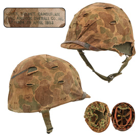 Original U.S. Korean War USMC Rear Seam Swivel Bale M1 Helmet with MSA Liner & Torn Blue Anchor USMC Cover With Stenciled Eagle, Globe and Anchor