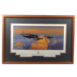 Original Signed Limited Edition Print: Framed “Pacific Morning: Black Sheep On The Prowl” by Craig Kodera Signed by Five Knight’s Cross Recipients - 170/550 - 28 ½ x 35 ¾”