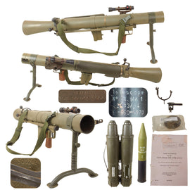 Original Cold War Era Carl Gustaf M2 84mm Deactivated Recoilless Rifle Anti-Tank Launcher with Rare British Optic, Training Round in Carrier, Manual, and Spare Parts - Inert