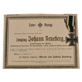 Original Imperial German WWI Prussian Iron Cross 2nd Class 1914 with Ribbon and Soldier’s Death Notice Taken from Newspaper - Johann Feneberg, Reserve Jager Battalion Stretcher Bearer