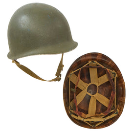 Original U.S. WWII 1943 M1 McCord Front Seam Fixed Bale Helmet with Camouflage Painted Firestone Liner