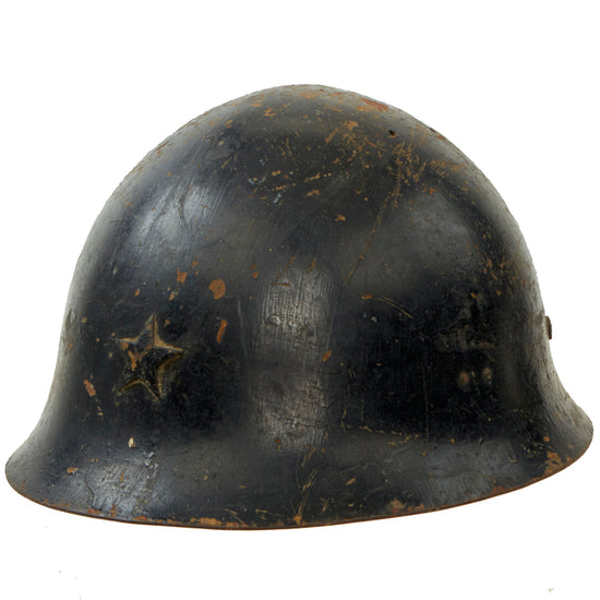 Original Japanese WWII “Night Raid” Black Painted Type 90 Army Helmet with Complete Liner and Chinstrap - Tetsubo Original Items