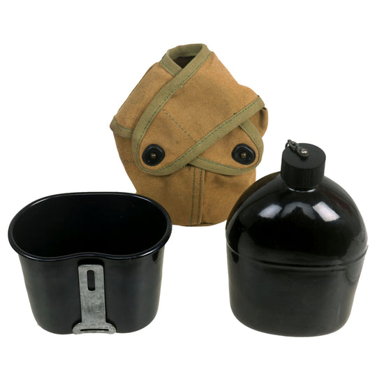Original U.S. WWII Rare 1942 Dated M1942 Black Porcelain Enamel Canteen With Matching Cup in 3rd Pattern USMC Carrier Original Items