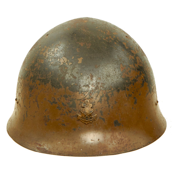 Original WWII Japanese Special Naval Landing Forces (SNLF) Tetsubo Helmet Shell with Original Joint Intelligence Field Inspection Tag Original Items