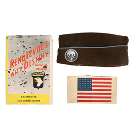 Original U.S. WWII 101st Airborne D-Day Invasion American Flag Oilcloth Armband With Overseas Cap and Book, Attributed to POW George Rosie - “The Only American to be Promoted While in a POW Camp”