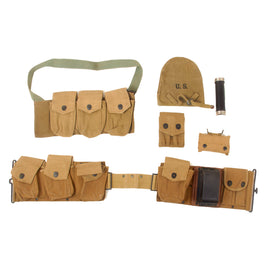 Original U.S. WWI & WWII Field Gear Lot - BAR Gunner Belt & Bandolier - Flashlight & First Aid Pouch with Bandage - 6 Items Total