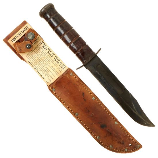 Original U.S. WWII Late War Navy Mark 2 KA-BAR Fighting Knife by Union Cutlery with Leather Scabbard - With Union Cutlery Kabar “Care Card” Original Items