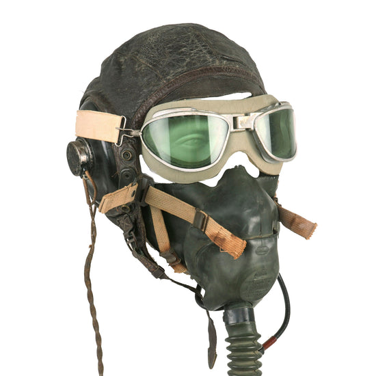 Original U.S. WWII USAAF Aviator Flight Helmet Set - AN6530 Goggles, Extra Large A-11 Helmet, & Type A-10A Oxygen Mask Original Items