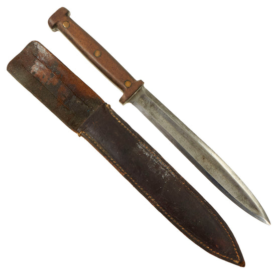 Original U.S. WWII Era “Theater Made” Double-Edged Combat Knife With Micarta Handle and Leather Sheath - Named To “Cpl. R.J. Benoit” Original Items