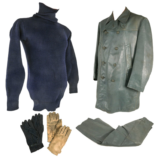 Original German Kriegsmarine U-Boat Double Breasted Leather Deck Jacket and Trouser Set with 2 Pairs of Gloves & Blue Knit Sweater Original Items
