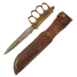 Original U.S. WWI / WWII “Paratrooper” Modified Model 1918 Mark I Trench Knife by AU LION with Leather Sheath - Complete Marking