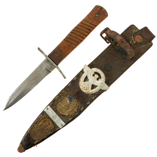 Original German WWI Trench Fighting Knife by DEMAG with WWII USGI Decorated Leather Belt Sheath Original Items
