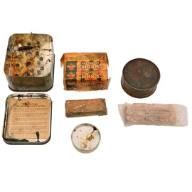 Original U.S. WWII Ration Lot Including Opened Life Raft Ration with Sealed 6-Pack of Assorted Charms & Torrid Zone Milky Way