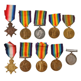 Original British WWI Rim-Engraved Victory Medal, 1914-15 Star, & British War Medal Lot - Some with Incorrect Ribbon - 10 Medals Total