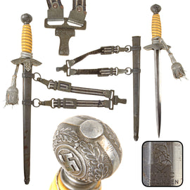 Original German WWII 2nd Model Luftwaffe Officer Dagger by W.K.C. Waffenfabrik with Grained Ivoroid Grip, Scabbard, Hanger, and Portepee