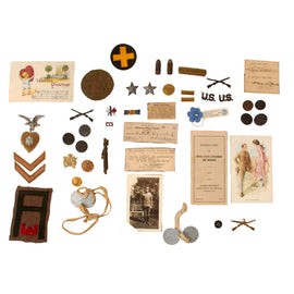 Original U.S. WWII & WWII Dog Tags, Insignia & Ephemera Lot - 33rd Division & 1st Army Engineer Patches with Photos & Postcards