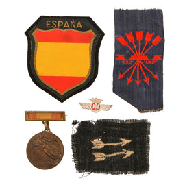 Original Spanish Civil War & WWII Era Blue Division “ESPAÑA” Volunteer Sleeve Shield Group with Falange Insignia, Nationalist Air Force Badge & 1939 Victory Medal