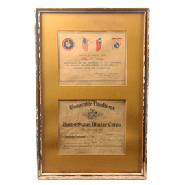 Original U.S. WWII USMC 6th Marine Division Framed Japanese Surrender in China Certificate with Discharge - Pleas L. Park - 16 ⅛ x 25 ⅛”