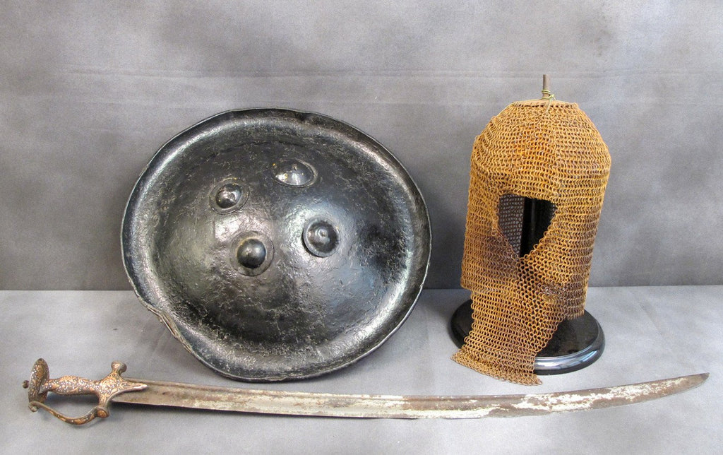 Indo-Persian Kula Kud War Helmet with Tulwar Sword & Dhal Shield Original Items