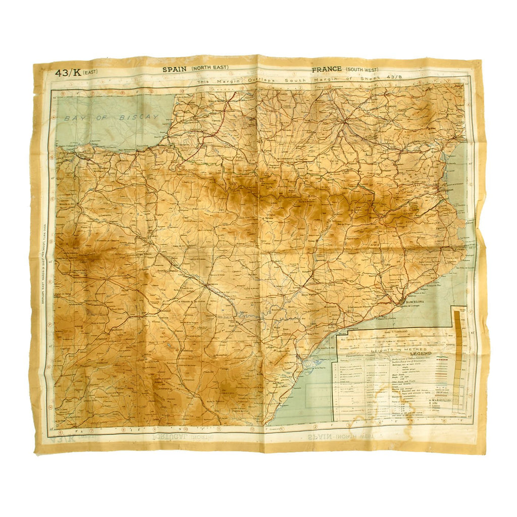 Original U.S. WWII 1943 Color Silk Double Side Escape Map 43/K - Spain - France - Portugal Original Items
