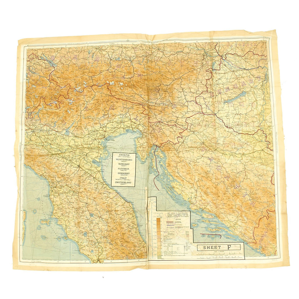 Original U.S. WWII 1943 Color Silk Double Side Escape Map 43/E and 43/F - Central Europe & Balkans Original Items