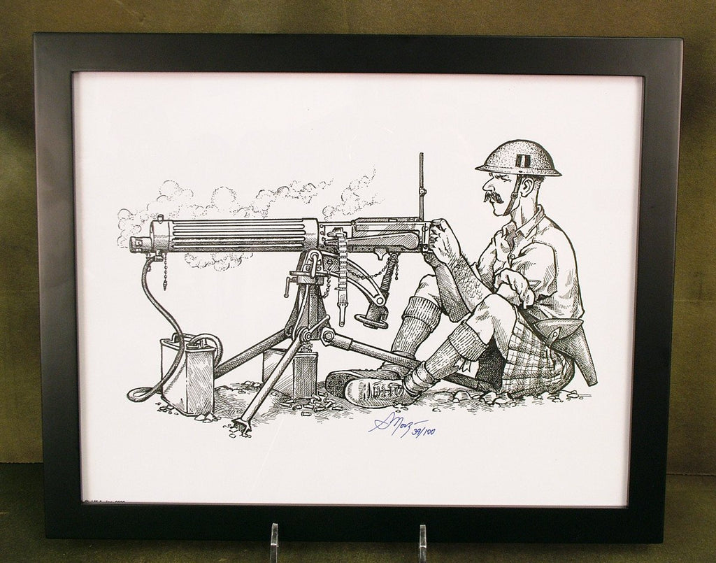 Limited Edition Military Illustrations Signed by Artist: Kilted British WWI Tommy with Vickers Gun Original Items